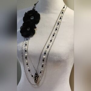 Elegant Black and Silver Toned Floral Triple Strand Necklace With Porcelain Bead